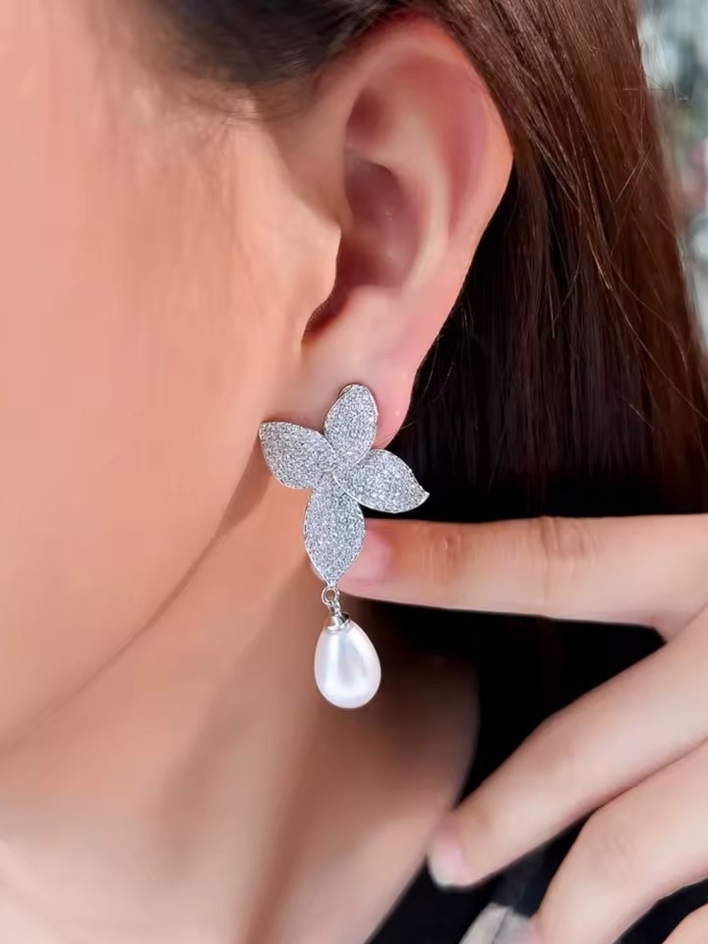 Silver Pavé Flower Clip-On Earrings with White Pearl Drops - Picture 6 of 8